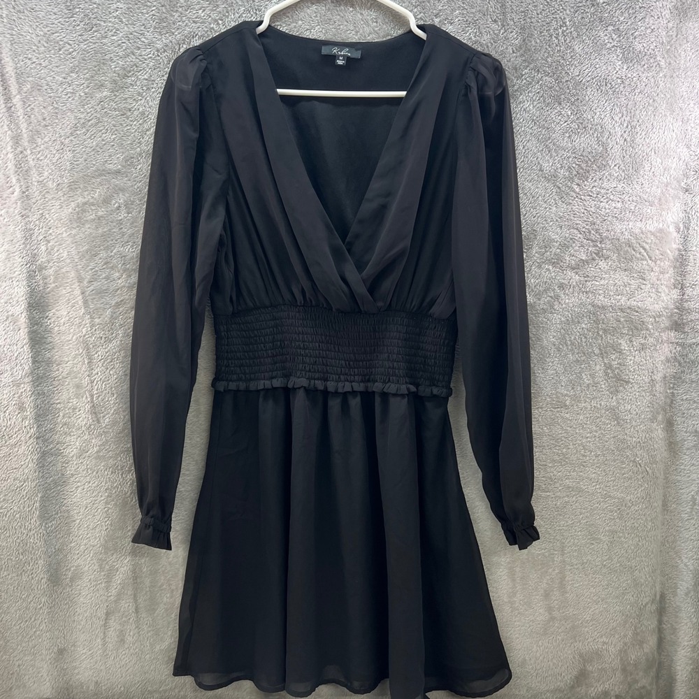 Kabira Black M Long Sleeve‎ Smocked Waist Fit & Flare Mini Dress Goth Flowy LBD